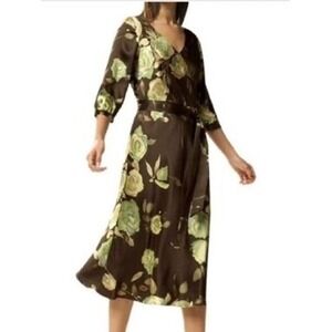Banana Republic Brown Floral Satin Faux Wrap Midi Dress Green Rose Mens Size 14